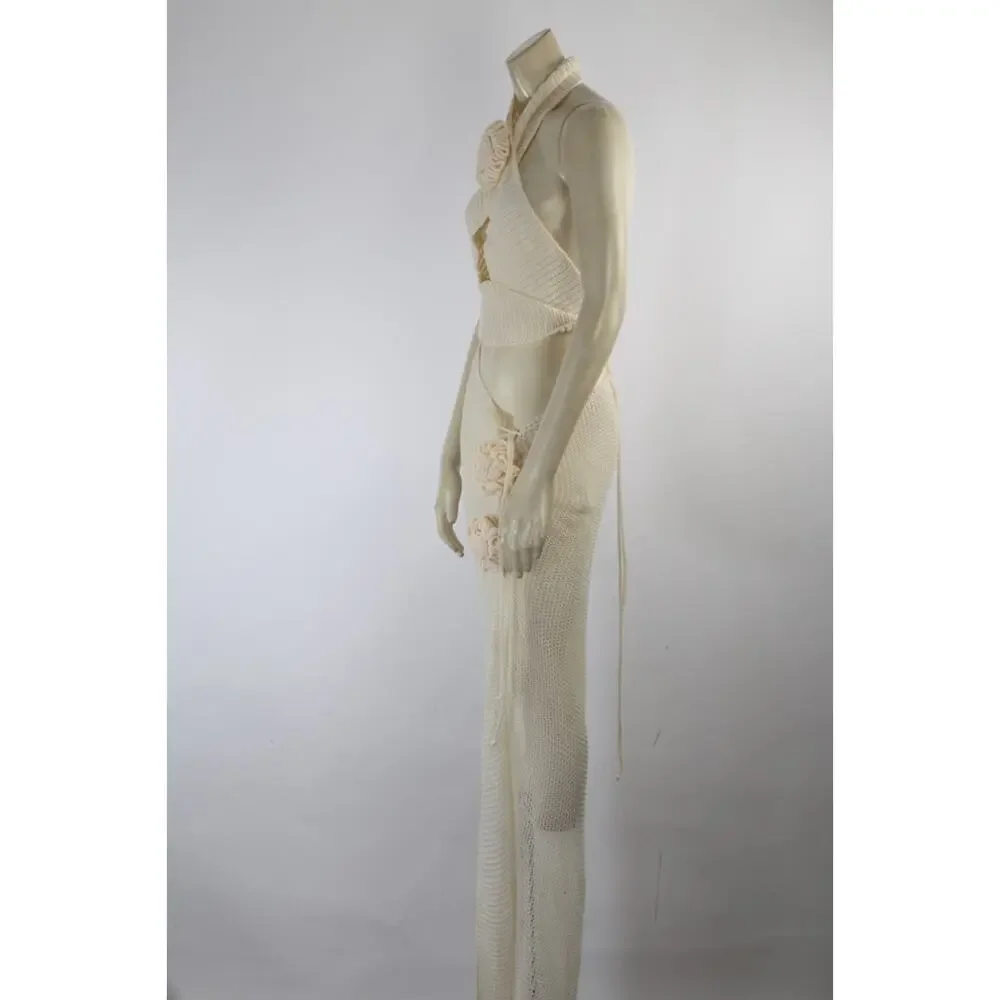 Cream Knit 2 Pc Set S Halter Keyhole Crop Top Asymmetric Slit Maxi Skirt